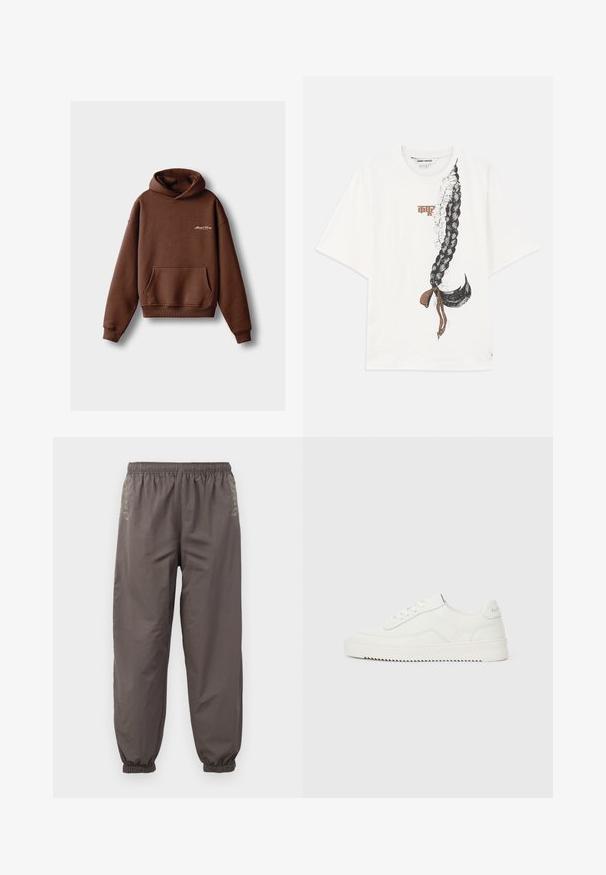 Bruine hoodie van zacht materiaal, voorzien van een voorzak, ribboorden en een capuchon met trekkoord. Inclusief witte geborduurde branding.; Witte T-shirt met korte mouwen met een grote afbeelding van een gevlochten haarstijl met bloemaccenten en een bruine strik aan de onderkant.; Donkergrijze, elastische broek met een relaxte pasvorm. Voorzien van gathered boorden en subtiele borduursels aan de zijkanten. Lichtgewicht stof.; Lage witte leren sneaker met vetersluiting, gestructureerd hielstuk en licht geribde witte rubberen zool op een effen lichte achtergrond.