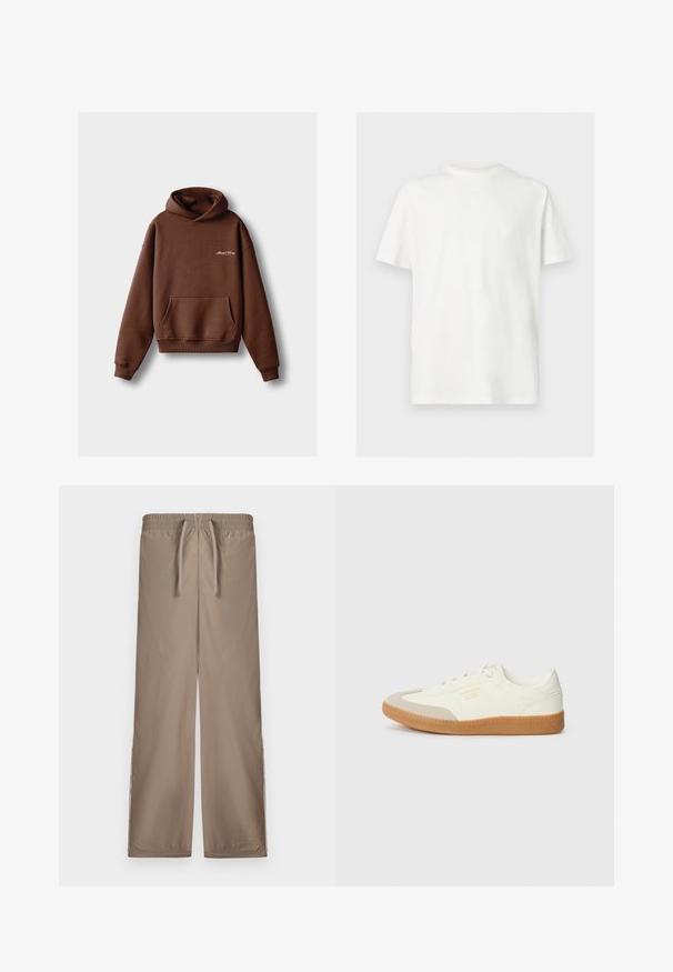 Brun hoodie lavet af blødt stof, med en frontlomme, ribbede manchetter og en hætte med snøring. Indeholder hvidt broderet branding.; Hvid kortærmet T-shirt med rund hals og afslappet pasform på ensfarvet lys baggrund.; Lysebrune, løstsiddende bukser med elastisk talje og snørrehoved; har sideslids ved kanten for ekstra detalje.; Sneaker lavet af hvid læder med en beige tåhætte og let brunt gummisål. Har flade hvide snørebånd og prægede branding på siden.
