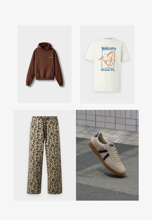 Bruine hoodie van zacht materiaal, voorzien van een voorzak, ribboorden en een capuchon met trekkoord. Inclusief witte geborduurde branding.; Witte katoenen T-shirt met een afbeelding van een galopperend paard, blauwe "Volcom" tekst en oranje sterren binnen een rechthoekige omlijning.; Leren broek met luipaardprint in tan- en bruintinten, voorzien van een elastische tailleband met trekkoord, zijzakken en een ontspannen pasvorm.; Beige sneaker met een textuurafwerking, marineblauwe strepen en een rubberen zool. Heeft een gevoerde tong en een traditioneel vetersysteem voor een veilige pasvorm.