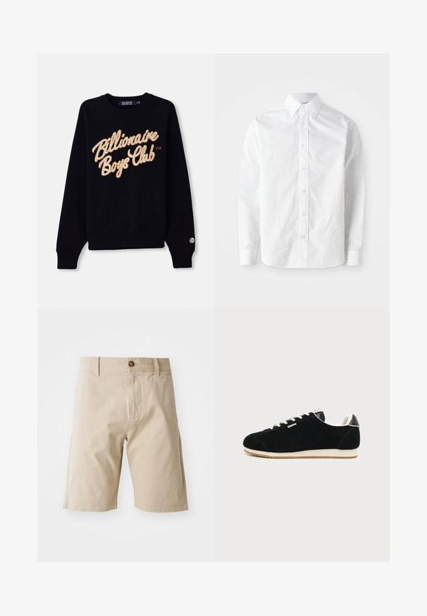 Sort sweatshirt med et stort, gittermønsteret, guld- og hvidt "Billionaire Boys Club" logo på fronten, med ribbede manchetter og søm.; Hvid langærmet skjorte i glat bomuld med et subtilt prikket mønster, klassisk krave, knaplukning foran og rundede manchetter.; Beige bomuldsshorts med knaplukning, bæltestropper og sidelommer; glat tekstur og lige silhuet.; Sort ruskindssneaker med hvid sål og snørebånd, lavt design og lille sidelogo på ensfarvet lys grå baggrund.