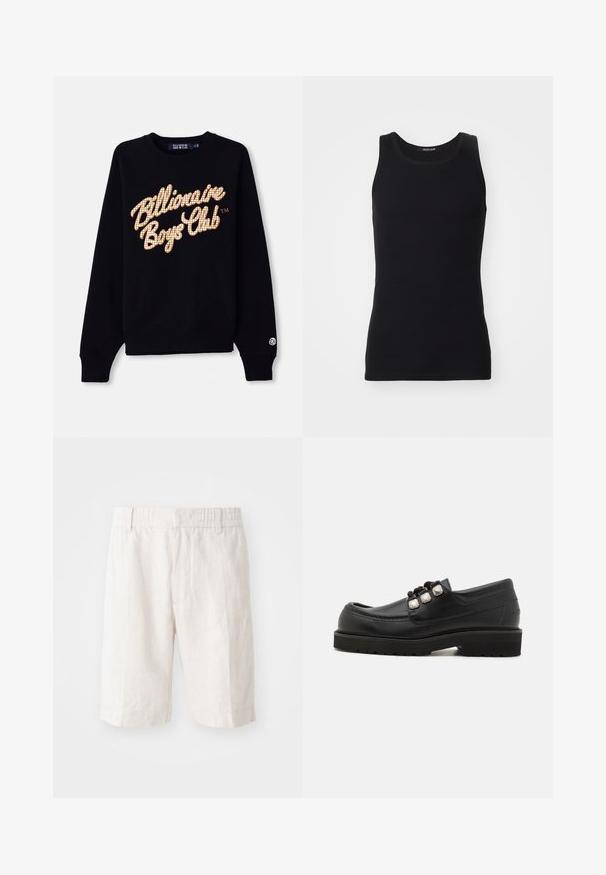 Sort sweatshirt med et stort, gittermønsteret, guld- og hvidt "Billionaire Boys Club" logo på fronten, med ribbede manchetter og søm.; Sort tanktop lavet af et glat, strækbart materiale. Har en rund halsudskæring og ingen ærmer, med en tætsiddende pasform og enkelt design.; Linnedeleshorts i lys beige med elastisk talje, sidelommer og lige snit. Glat tekstur med minimal synlig syning.; Sorte læder loafers med rund tå, der har tre metalliske detaljer og en tekstureret sål for godt greb. Glat overdel og syet detalje.