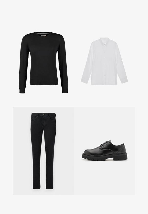 Pull noir, ajusté, à col en V avec des manches longues. Fabriqué en tissu tricot doux, avec des bords côtes aux poignets et à la taille. Design minimaliste.; Chemise blanche à manches longues en tissu lisse, dotée d'un col pointu, d'une fermeture à boutons sur le devant et de poignets à un bouton.; Jean en denim foncé avec une coupe slim, conception à cinq poches et fermeture à bouton en métal. Texture lisse et couleur uniforme.; Chaussures en cuir noir avec un bout rond, un laçage et une semelle en caoutchouc épaisse et texturée. Présente des coutures le long du bord et une finition lisse.
