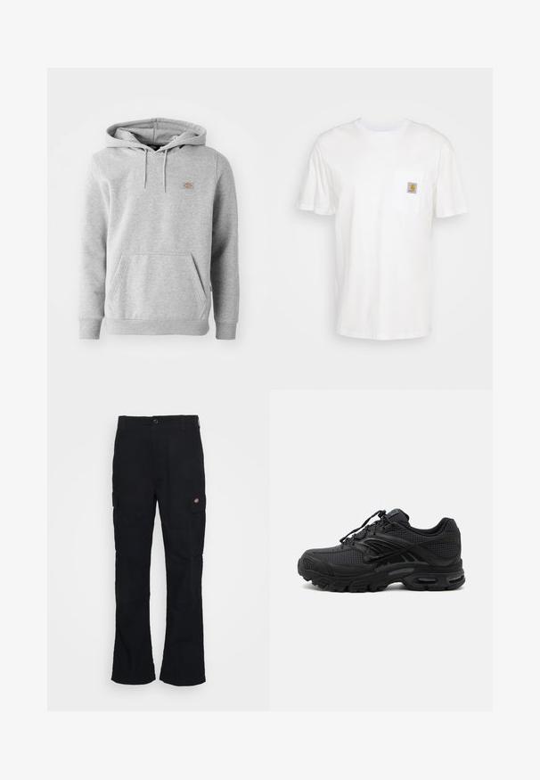 Sudadera con capucha gris de material de felpa, con un bolsillo frontal, puños acanalados y un pequeño logo en el pecho.; Camiseta de algodón blanca con mangas cortas, un bolsillo en el pecho y un pequeño parche cuadrado de logo en naranja y blanco en el bolsillo.; Pantalones cargo negros con un diseño de pierna recta, hechos de tela duradera, con bolsillos laterales y un logo de parche en el lado izquierdo.; Zapatilla deportiva negra con tejido texturizado, suela gruesa y acolchada, ventilaciones y cierre con cordones, mostrada de lado sobre un fondo claro.