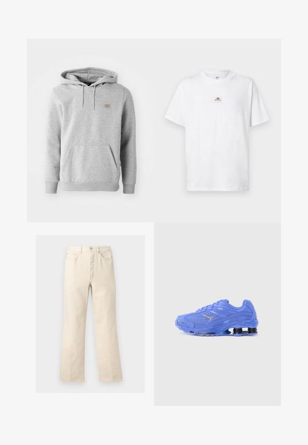 Grijze hooded sweatshirt van fleecemateriaal, met een voorzak, geribde manchetten en een klein logo op de borst.; Witte katoenen T-shirt met een ronde hals en korte mouwen. Voorzien van een klein bruin-wit logo op de borst.; Beige broek met rechte pijpen, voorzakken, riemlussen, knoopsluiting en ritssluiting, weergegeven tegen een effen achtergrond.; Blauwe atletiekschoen van gaas met een dikke zool, zilveren Nike-swoosh, gevoerde rand en kenmerkende veerachtige hieldemper.