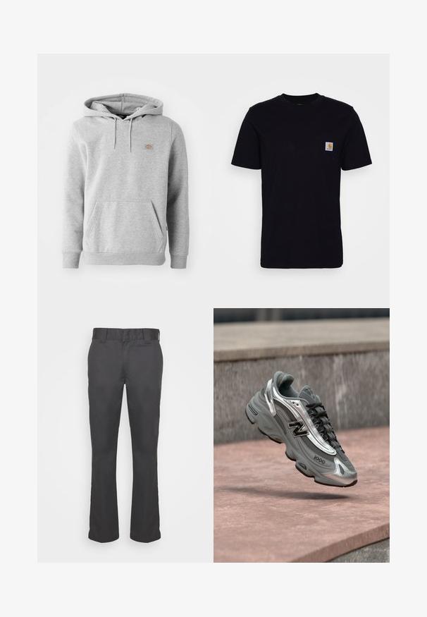 Grauer Kapuzenpullover aus Fleece-Material, mit einer Vorderseite-Tasche, gerippten Bündchen und einem kleinen Logo auf der Brust.; Schwarzes Baumwoll-T-Shirt mit kurzen Ärmeln, rundem Hals und einer Brusttasche, die mit einem kleinen, quadratischen Logo-Patch versehen ist. Einfaches, einfarbiges Design.; Schwarze Hosen aus glattem Stoff, mit einem geraden Bein-Design, Gürtelschlaufen und ohne sichtbare Taschen oder Verzierungen.; Grauer und silberner New Balance Sneaker mit der Aufschrift "1000", der über einer rosa-steinernen Oberfläche vor einem grauen Steinmauer-Hintergrund schwebt.