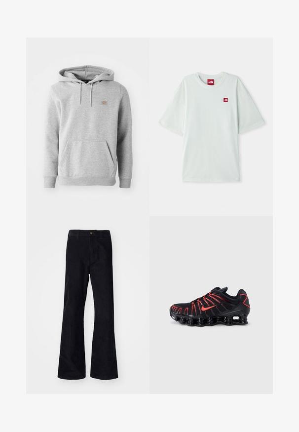 Grå hættebluse i fleece-materiale med en frontlomme, ribbede ærmer og et lille logo på brystet.; Lysegrøn kortærmet t-shirt lavet af blød bomuld, med et lille rødt logo på venstre brystområde. Løs pasform og rund halsudskæring.; Sorte, bomuldsforlængede bukser med en traditionel linning, enkelt forreste knap og lommer på siderne og bagpå. Glat tekstur.; Sorte atletiksko med røde detaljer, der har en struktureret mesh-overdel, et unikt bølget design og en formstøbt polstret sål.