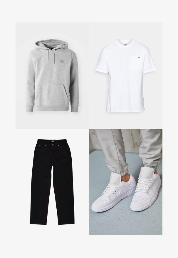 Grauer Kapuzenpullover aus Fleece-Material, mit einer Vorderseite-Tasche, gerippten Bündchen und einem kleinen Logo auf der Brust.; Weißes Baumwoll-T-Shirt mit Rundhalsausschnitt, kurzen Ärmeln und einer Brusttasche, die auf der linken Seite ein kleines Markenlogo aufweist.; Schwarze Jeans aus Denim im geraden Schnitt, mit fünf Taschen, braunen Nähten und einem Reißverschluss. Glatte Textur und hochwertiges Material.; Weiße Ledersneaker mit perforierter Zehenbox, flachen Schnürsenkeln, gepolstertem Kragen und dem Jordan-Logo auf der Zunge. Getragen mit grauen Jogginghosen.