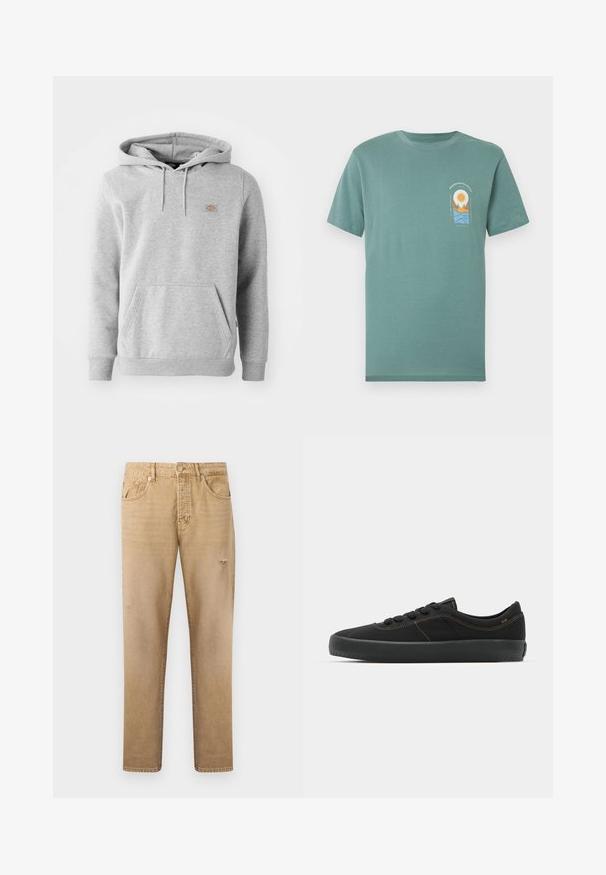 Sweatshirt à capuche gris en matière polaire, avec une poche frontale, des poignets côtelés et un petit logo sur la poitrine.; T-shirt vert à manches courtes avec un petit motif de soleil, montagnes et vagues sur le côté gauche de la poitrine, accompagné d'un texte au-dessus et en dessous du motif.; Jean beige à jambes droites avec poches avant, passants pour ceinture et détails légèrement usés sur les cuisses et les genoux.; Baskets noires avec une tige textile lisse, des coutures contrastantes en marron, un bout rond, un système de laçage et une semelle en caoutchouc épaisse pour l'adhérence.