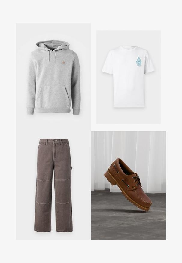 Grauer Kapuzenpullover aus Fleece-Material, mit einer Vorderseite-Tasche, gerippten Bündchen und einem kleinen Logo auf der Brust.; Weißes T-Shirt mit kurzen Ärmeln und Rundhalsausschnitt mit einem kleinen blauen Augendesign in Tropfenform auf der linken Brust.; Weite Hosen in einem verblassten Braunton, aus strapazierfähigem Stoff mit kontrastierenden Nähten. Mit Paneeldetails und einer Seitentasche.; Brauner Leder-Bootsschuh mit schwarzen Schnürsenkeln, beigen Nähten und einer robusten Sohle, schwebt über einem grauen Betonboden.