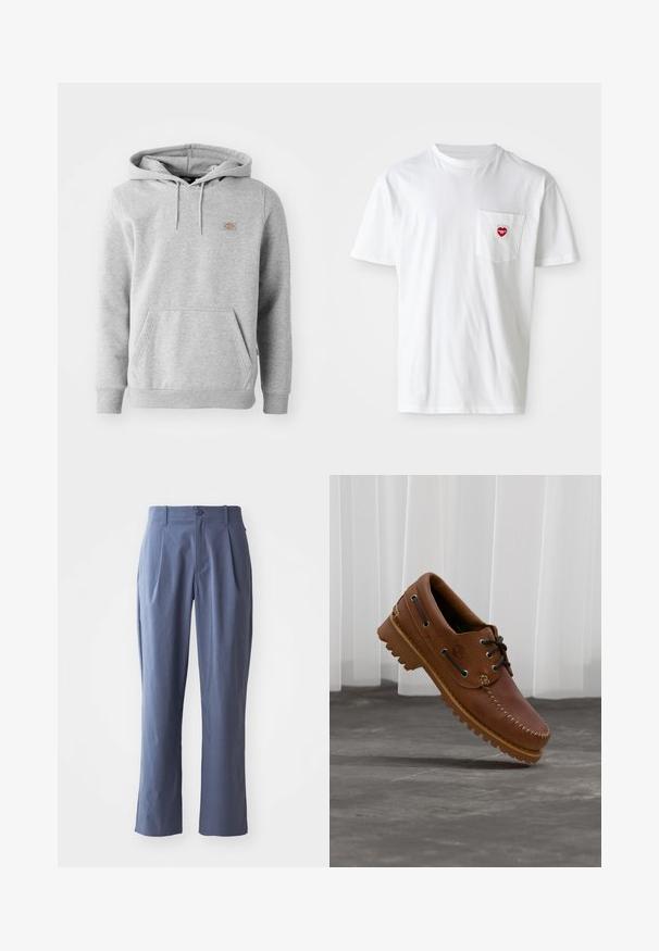 Grauer Kapuzenpullover aus Fleece-Material, mit einer Vorderseite-Tasche, gerippten Bündchen und einem kleinen Logo auf der Brust.; Weißes Baumwoll-T-Shirt mit rundem Halsausschnitt und kurzen Ärmeln. Verfügt über ein kleines rotes Herzlogo auf der linken Brusttasche.; Marineblaue Hose mit Falten, gerader Schnitt, aus leichtem Stoff, mit einem einzigen Frontknopfverschluss und Gürtelschlaufen.; Brauner Leder-Bootsschuh mit schwarzen Schnürsenkeln, beigen Nähten und einer robusten Sohle, schwebt über einem grauen Betonboden.