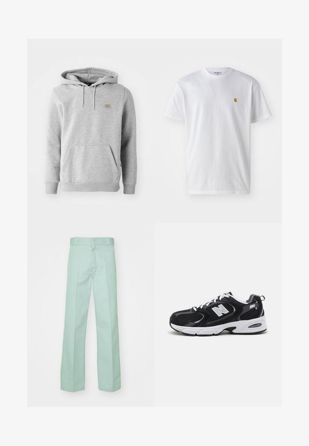 Grijze hooded sweatshirt van fleecemateriaal, met een voorzak, geribde manchetten en een klein logo op de borst.; Witte katoenen t-shirt met korte mouwen en ronde hals, voorzien van een klein gouden logo op de linkerkant van de borst. Zachte textuur en een normale pasvorm.; Lichtgroene broek van katoen met een rechte pijp, voorzien van een gladde textuur en een standaard tailleband met riemlussen.; Zwarte en grijze sport schoenen met een bovenwerk van mesh en suede, voorzien van een witte tussenzool, veters en een gedurfde "N"-logo aan de zijkant.