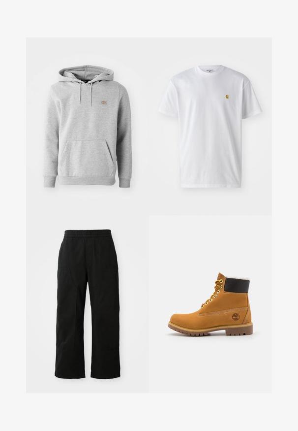 Grå hættebluse i fleece-materiale med en frontlomme, ribbede ærmer og et lille logo på brystet.; Hvid bomulds t-shirt med korte ærmer, rund hals og et lille guld logo på venstre brystområde. Blød tekstur og almindelig pasform.; Sorte bomuldsbukser med elastisk talje, vid bendesign og store sidelommer. Stoffet virker blødt med en glat tekstur.; Brune læder ankelstøvle med metaløjer, hvid pelsforing, sort polstret krave, robust sål og præget logo på siden.