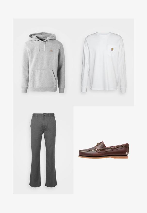 Grå hættebluse i fleece-materiale med en frontlomme, ribbede ærmer og et lille logo på brystet.; Langærmet hvid skjorte lavet af bomuld, med en brystlomme og et kvadratisk logomærke. Simpelt design med rund udskæring og manchetter.; Grå klokkeformede jeans lavet af denim, med en frontknaplukning, bæltestropper og sidelommer. Glat tekstur med en subtil vokset.; Brun læder bådsko med hvide sømme, snøre detaljer og lysbrun gummisål, vist fra siden på hvid baggrund.
