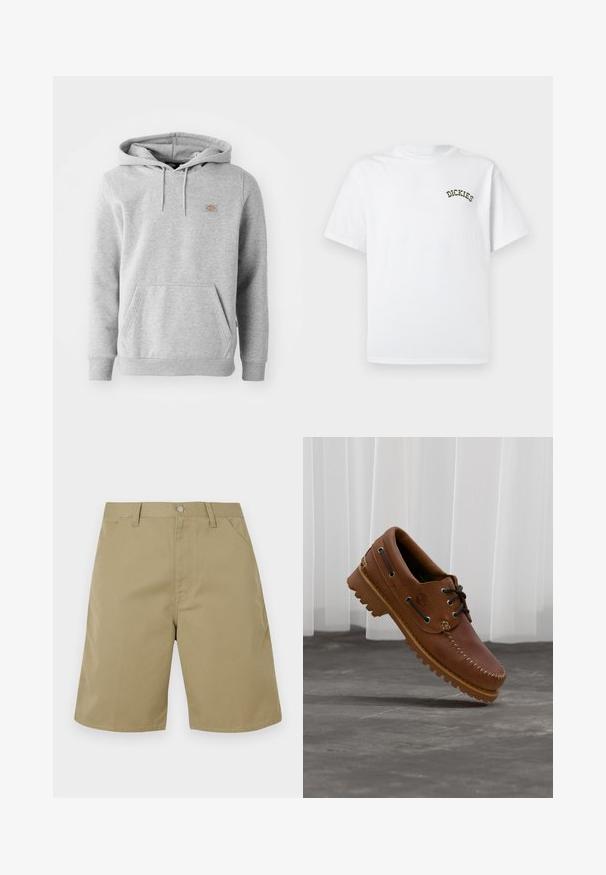 Sudadera con capucha gris de material de felpa, con un bolsillo frontal, puños acanalados y un pequeño logo en el pecho.; Camiseta blanca de algodón con mangas cortas y cuello redondo. Presenta el logo "DICKIES" bordado en verde en el lado izquierdo del pecho.; Pantalones cortos beige hechos de tela con una textura suave, con frente plano, trabillas para cinturón y bolsillos laterales; diseño de pierna de corte recto.; Zapato náutico de cuero marrón con cordones negros, costuras beige y una suela resistente, suspendido sobre un suelo de hormigón gris.