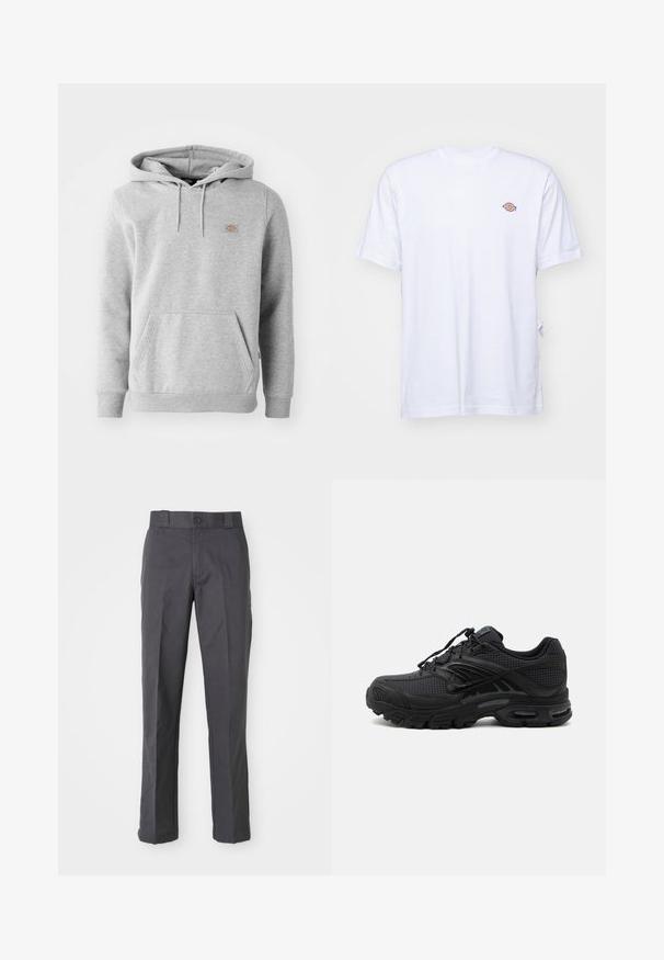 Grå hættebluse i fleece-materiale med en frontlomme, ribbede ærmer og et lille logo på brystet.; Hvid bomulds t-shirt med v-hals og korte ærmer. Har et lille farverigt broderet logo på venstre bryst. Blød tekstur.; Mørkegrå bukser lavet af bomuldsblanding, der har et lige ben-design, frontlommer og en knaplukning i taljen.; Sort atletisk sneaker med tekstureret stof, tyk polstret sål, luftventiler og snørelukning, vist fra siden på en lys baggrund.