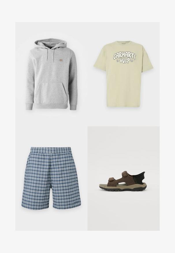 Halli kangas, millel on kapuuts ja eesmine tasku, soonikkoes varrukad ja väike logo rinnal.; Heleroheline puuvillane t-särk, oversized lõikega, millel on esiküljel must pilves stiilis trükk "Carhartt WIP 1989". Lühikesed varrukad, ümara kaelusega.; Siniste ja valgete ruuduliste lühikeste pükste elastse vöökohaga ja sirge säärepaelaga, esitatud ühevärvsel taustal.; Pruunid spordisandaalid, millel on Velcro rihmad, perforeeritud pealmine osa ja tekstureeritud talla. Tugimiseks on kannal must aksent.