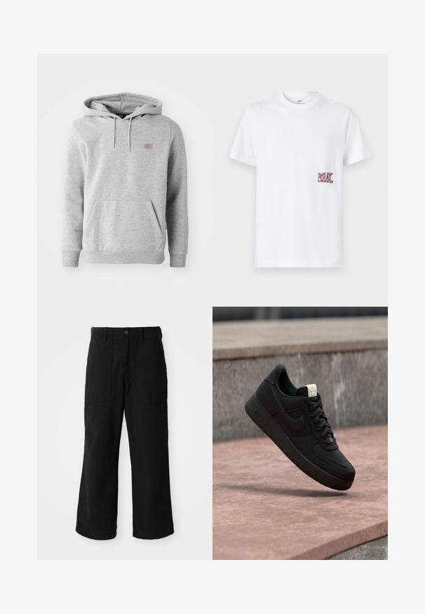Halli kangas, millel on kapuuts ja eesmine tasku, soonikkoes varrukad ja väike logo rinnal.; Valge lühikeste varrukatega T-särk, millel on vasakul rinnal väike punane tekst "Nike Sport Research Laboratory".; Mustad laiad mustad püksid pehmest kangast, ees taskud ja nupukinnitus taljes. Minimalistlik disain ilma nähtavate mustriteta.; Must Nike Air Force 1 toss üle roosa betoonist ääre halli kivise taustaga, näidates külgi ja pealmisi detaile.