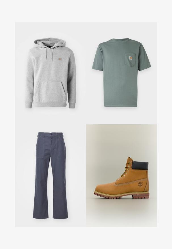 Sudadera con capucha gris de material de felpa, con un bolsillo frontal, puños acanalados y un pequeño logo en el pecho.; Camiseta de manga corta de color verde claro hecha de algodón con un bolsillo en el pecho que lleva un parche con el logo. Textura suave y diseño clásico de cuello redondo.; Pantalones de pierna ancha en gris oscuro, fabricados en algodón. Con dos bolsillos delanteros y cierre de botón. Textura suave con un diseño casual.; Bota de tobillo de cuero marrón con cuello negro, cordones amarillos y suela beige. Presenta un logotipo y detalles de costura blanca. Suela exterior con tracción robusta.