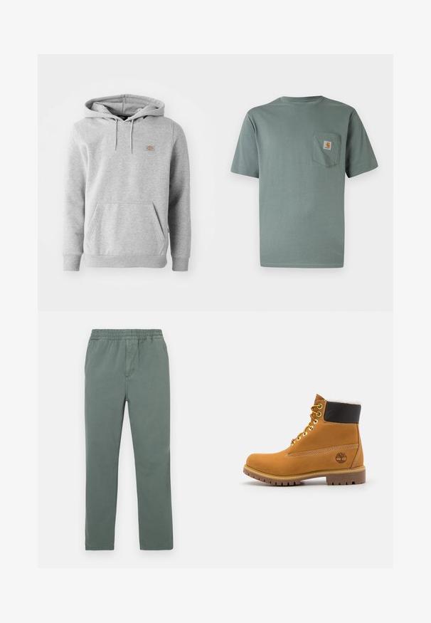 Grijze hooded sweatshirt van fleecemateriaal, met een voorzak, geribde manchetten en een klein logo op de borst.; Lichtgroen katoenen T-shirt met korte mouwen en een borstzakje met een logo. Zachte textuur en klassieke ronde hals.; Groene broek van katoenmix met een elastische tailleband, recht ontwerp en subtiele textuur. Voorzien van zijzakken en een centrale naad.; Bruine leren enkellaars met metalen oogjes, witte faux bont voering, zwarte gewatteerde kraag, robuuste zool en een reliëflogo aan de zijkant.