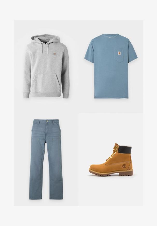 Sudadera con capucha gris de material de felpa, con un bolsillo frontal, puños acanalados y un pequeño logo en el pecho.; Camiseta de algodón de color azul claro con cuello redondo, mangas cortas y un bolsillo en el pecho izquierdo que presenta una etiqueta cuadrada con el logo de Carhartt.; Pantalones de mezclilla azul de corte recto con cintura alta, bolsillos delanteros y costuras reforzadas en muslos y rodillas, extendidos sobre un fondo blanco.; Botín de cuero marrón con ojales de metal, forro de piel sintética blanca, cuello acolchado negro, suela resistente y logotipo en relieve en el costado.