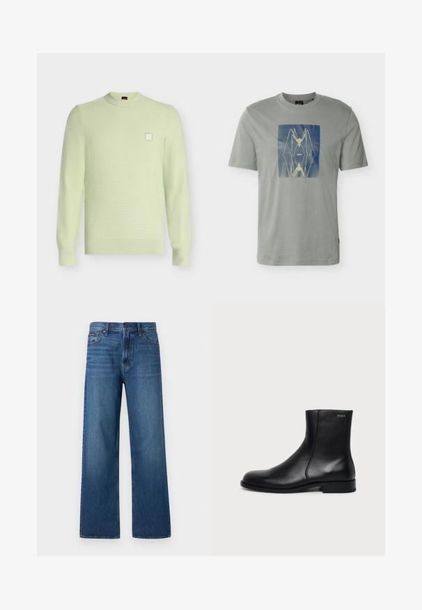 Pull en maille vert clair à col rond et manches longues, avec un motif texturé subtil et un petit patch logo carré sur la poitrine.; T-shirt gris clair à manches courtes avec un graphisme central représentant le contour jaune d'une araignée sur un fond de ciel bleu et le texte "BOSS" au centre.; Jean bleu à taille haute et coupe droite, avec bouton et fermeture éclair à l'avant, cinq poches, et un petit patch de marque sur la poche droite.; Bottine en cuir noir à talon bas, couture latérale et petit logo "HUGO" sur le revers supérieur sur un fond uni.