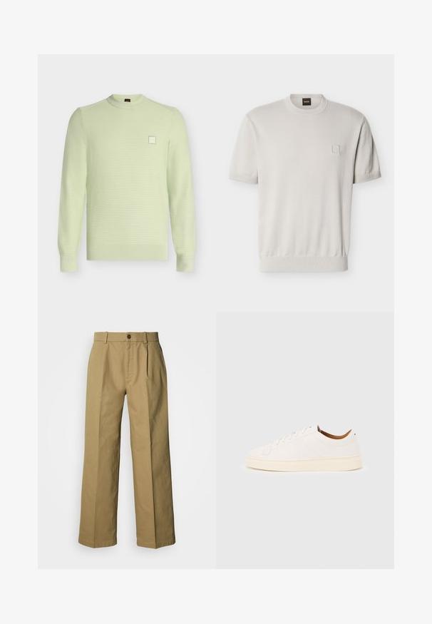 Pull en maille vert clair à col rond et manches longues, avec un motif texturé subtil et un petit patch logo carré sur la poitrine.; Pull beige à manches courtes avec col rond, ourlet et poignets côtelés, petit détail carré sur la poitrine gauche, et étiquette de marque au niveau du cou.; Pantalon large beige en coton, avec une fermeture à boutons, trois plis et des ourlets droits pour une coupe décontractée.; Baskets blanches basses avec un design à lacets, des détails de couture minimalistes, et une semelle couleur crème sur un fond gris clair.