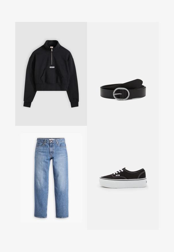 Sweatshirt noir court en mélange de coton. Comprend une demi-fermeture éclair, un col montant et une poche kangourou à l'avant avec une étiquette logo blanche.; Jeans en denim bleu clair avec une coupe droite, cinq poches et une fermeture éclair. Le tissu a une finition texturée classique avec un léger dégradé.; Baskets en toile noires avec une semelle en caoutchouc blanc, dotées de lacets et de coutures blanches, marquage emblématique sur le côté, design basse.; Ceinture en cuir noir avec une boucle en argent circulaire. Présente une texture lisse et un design minimaliste, avec des bords nets et sans motifs visibles.