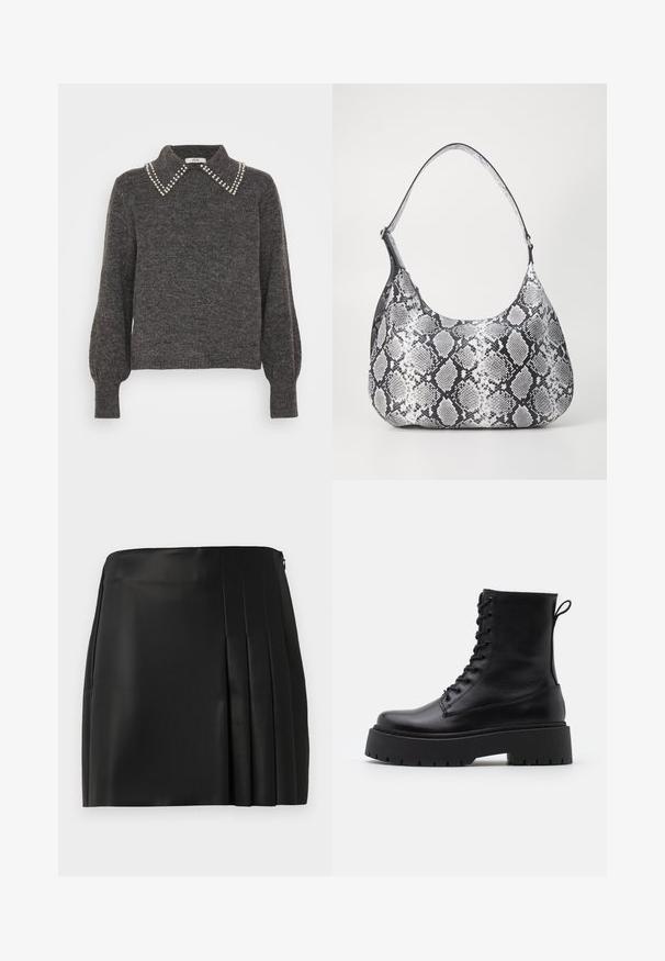 Suéter gris oscuro de punto texturizado, con un collar adornado con acentos de perlas y mangas abullonadas, puños acanalados y dobladillo.; Mini falda de piel sintética negra con un frente liso y detalle plisado en el lado derecho, que cuenta con un cierre de cremallera en la parte posterior.; Botas de cuero negras hasta el tobillo con punta redonda, cordones en la parte delantera y una suela de goma gruesa con un dibujo texturizado. Tirador en la parte trasera.; Bolso de hombro con estampado de serpiente en blanco y negro, de forma redondeada, textura suave y correa curvada. Presenta un acento de hardware plateado.