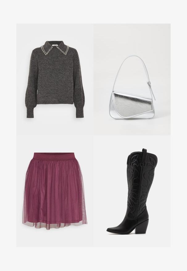 Suéter gris oscuro de punto texturizado, con un collar adornado con acentos de perlas y mangas abullonadas, puños acanalados y dobladillo.; VILA VIDOLL SKIRT - Minifalda - winetasting; Botas negras de cuero hasta la rodilla con punta puntiaguda y tacón apilado. Presentan costuras decorativas y elementos de diseño curvados.; Bolso de mano metálico plateado con forma triangular, textura suave y una fina correa de hombro ajustable. Presenta un diseño plegable con costuras.