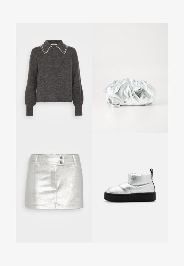 Suéter gris oscuro de punto texturizado, con un collar adornado con acentos de perlas y mangas abullonadas, puños acanalados y dobladillo.; Falda plateada de cuero sintético con un patrón texturizado de cocodrilo, que presenta dos botones azules como acentos y un diseño ajustado.; Botín de tobillo plateado con puntera redondeada, suela de plataforma negra y parte superior elástica. Presenta detalles cosidos en la parte superior.; Bolso de mano plateado metálico con un cuerpo suave y fruncido y una correa de hombro delgada. Presenta una textura suave y brillante y una forma redondeada.