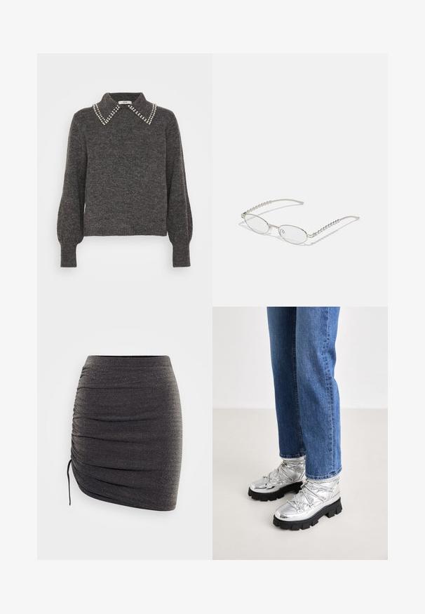 Suéter gris oscuro de punto texturizado, con un collar adornado con acentos de perlas y mangas abullonadas, puños acanalados y dobladillo.; Mini falda negra hecha de material suave y elástico con un sutil brillo. Presenta detalles recogidos y un cordón en un lado.; Botas de tobillo metálicas plateadas con suela negra resistente, que cuentan con una parte superior acolchada y cordones, combinadas con vaqueros rectos azules.; Gafas ovaladas con un marco metálico plateado, lentes transparentes y acentos de templos con textura de cuentas. Diseño ligero con brazos curvados.