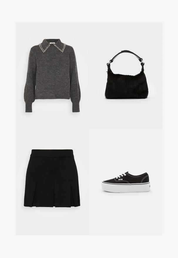 Suéter gris oscuro de punto texturizado, con un collar adornado con acentos de perlas y mangas abullonadas, puños acanalados y dobladillo.; Even&Odd by Zalando Minifalda - black; Zapatilla de lona negra con suela de plataforma de goma blanca, que presenta cordones y costuras blancas, con branding icónico en el lateral, diseño de corte bajo.; Bolso de mano de piel sintética negra con una textura suave, forma redondeada y una resistente correa de cuero negro para el hombro. Acentos de herrajes plateados visibles.