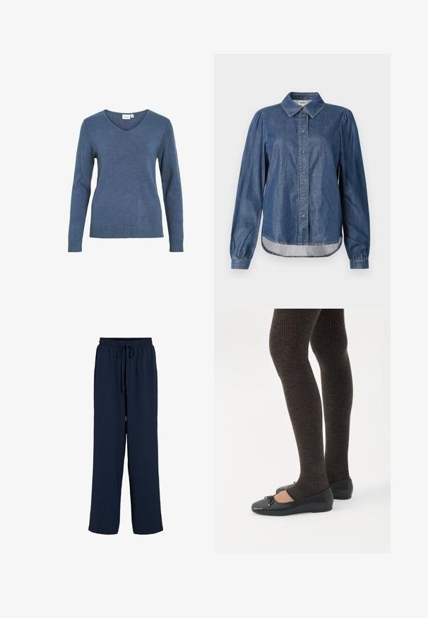 Blauwe V-hals trui van een zachte gebreide stof. Bevat lange mouwen en een geribbelde zoom. Eenvoudig ontwerp zonder extra patronen of accenten.; Donkerblauwe denimshirt met een kraaglijn, knoopsluiting aan de voorkant, lange pofmouwen en een afgeronde zoom, met contrasterende stiksels.; Donkerblauwe, loszittende broek met elastische tailleband en trekkoord, rechte pijp, casual stijl, zonder zichtbare zakken.; Benen met donkere geribbelde leggings gecombineerd met zwarte ballerina's met kleine strikdetails op een witte achtergrond.