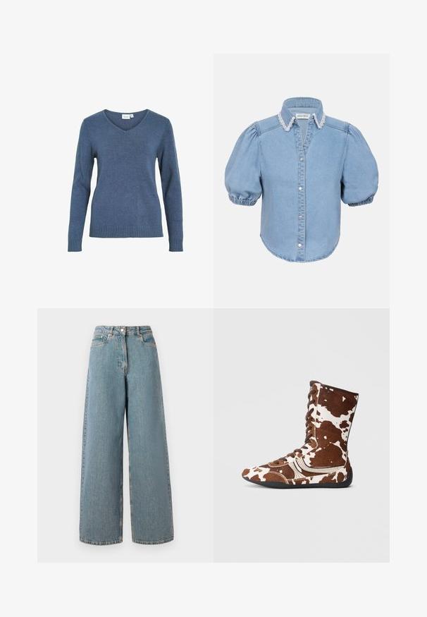 Blauwe V-hals trui van een zachte gebreide stof. Bevat lange mouwen en een geribbelde zoom. Eenvoudig ontwerp zonder extra patronen of accenten.; Lichtblauw denim overhemd met korte mouwen, met opgezette mouwen, kantafgewerkte kraag en knoopsluiting aan de voorkant. Zachte textuur met een afgeronde zoom.; Hogewaisted, lichtblauwe wijdvallende denim jeans met een ritssluiting aan de voorkant, knoopsluiting en zakken aan de voorkant.; Enkellaars met bruine en witte koeienprint, met veters aan de voorkant, een gestructureerd suèdemateriaal en een flexibele zwarte rubberen zool.