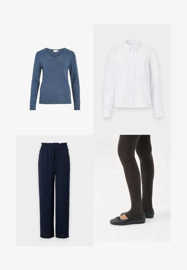 Pull bleu en V en tissu tricoté doux. Il a des manches longues et un ourlet côtelé. Design simple sans motifs ou accents supplémentaires.; Chemise boutonnée à manches longues de couleur bleu clair avec un col, des rayures verticales et une poche poitrine. Fabriquée en tissu doux.; Pantalons larges bleu marine avec taille papeterie élastiquée et lien de serrage, fabriqués à partir d'un tissu léger et texturé.; Jambes portant des leggings côtelés foncés associés à des ballerines noires avec de petits détails en nœud sur fond blanc.