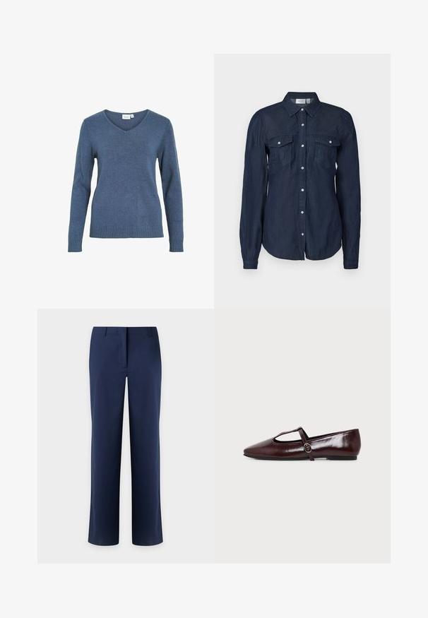Suéter azul de cuello en V, hecho de una suave tela de punto. Presenta mangas largas y un dobladillo acanalado. Diseño simple sin patrones o acentos adicionales.; Camisa de botones azul marino en tejido ligero, con dos bolsillos frontales, mangas largas y un cuello clásico con dobladillo curvado.; Pantalones azul marino con pierna recta, trabillas para cinturón y cierre frontal oculto, mostrados sobre un fondo claro.; Zapato plano de cuero burdeos oscuro con punta puntiaguda y una fina tira en forma de T con hebilla plateada sobre un fondo blanco.
