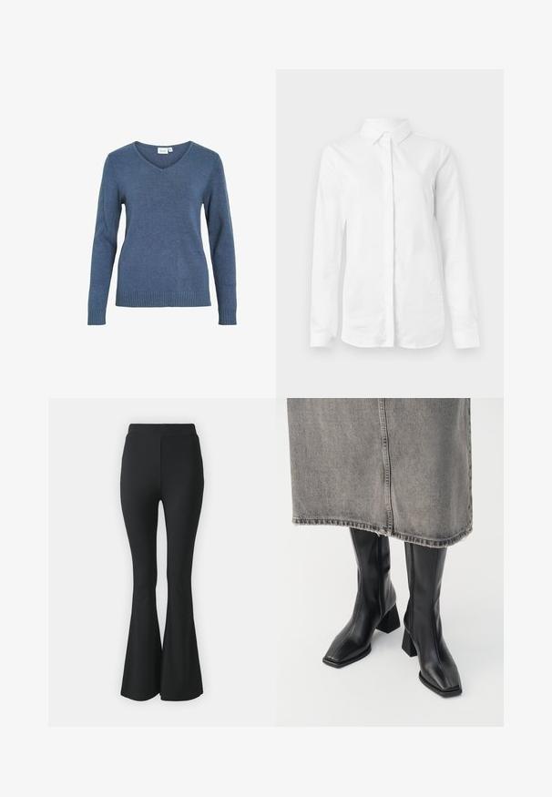 Blå v-hals sweater lavet af et blødt strikket stof. Har lange ærmer og ribkant forneden. Enkel design uden ekstra mønstre eller detaljer.; Hvid langærmet skjorte lavet af glat bomuld. Har en klassisk krave og en knaplukning fortil med en lige kant uden mønstre.; Sorte buks med flared design lavet af strækbart stof. Har en høj talje og et glat, tætsiddende design, der flared ud fra knæet og ned.; Sorte knæhøje støvler i glat læder med firkantet tå og blokeret hæl. Båret med en grå denimnederdel med flosset kant.