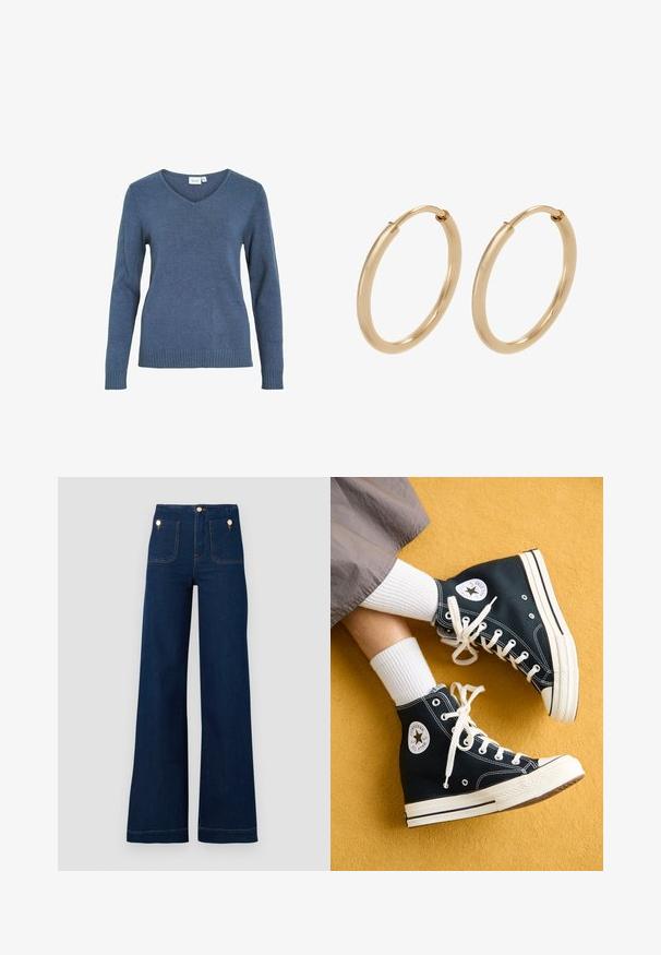 Blå v-hals sweater lavet af et blødt strikket stof. Har lange ærmer og ribkant forneden. Enkel design uden ekstra mønstre eller detaljer.; Mørkeblå vidde jeans med høj talje, guldknap-detaljer, to for- og baglommer samt kontrastsyede detaljer. Tekstureret denim stof.; Sorte høje kanvas sneakers med hvide snørebånd og gummisåler, med et rundt Converse All Star-logo på den ydre side.; Guldøreringe med en glat, poleret overflade. Rund form, mellemstor, med en sikker lukkemekanisme.