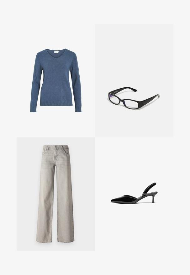 Blå v-hals sweater lavet af et blødt strikket stof. Har lange ærmer og ribkant forneden. Enkel design uden ekstra mønstre eller detaljer.; Lys grå bredbenede jeans lavet af denim, med fem-lomme design, frontknaplukning og let falmet tekstur.; Sorte patentlæder slingback hæle med spids tå, lav stiletto hæl og et elegant, enkelt design uden pynt.; Sorte rektangulære briller med klare linser. Blank finish, smalle stænger, og lilla nuance synlig i kanterne af linsen.
