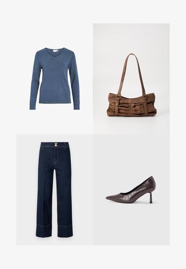 Pull bleu en V en tissu tricoté doux. Il a des manches longues et un ourlet côtelé. Design simple sans motifs ou accents supplémentaires.; Jeans taille haute large bleu marine avec double bouton doré et surpiqûres orange visibles sur un fond clair.; Escarpins à bout pointu en similicuir marron avec une texture crocodile, dotés d’un talon fin et angulaire ainsi que d’une doublure intérieure lisse.; Even&Odd by Zalando Sac à main - brown