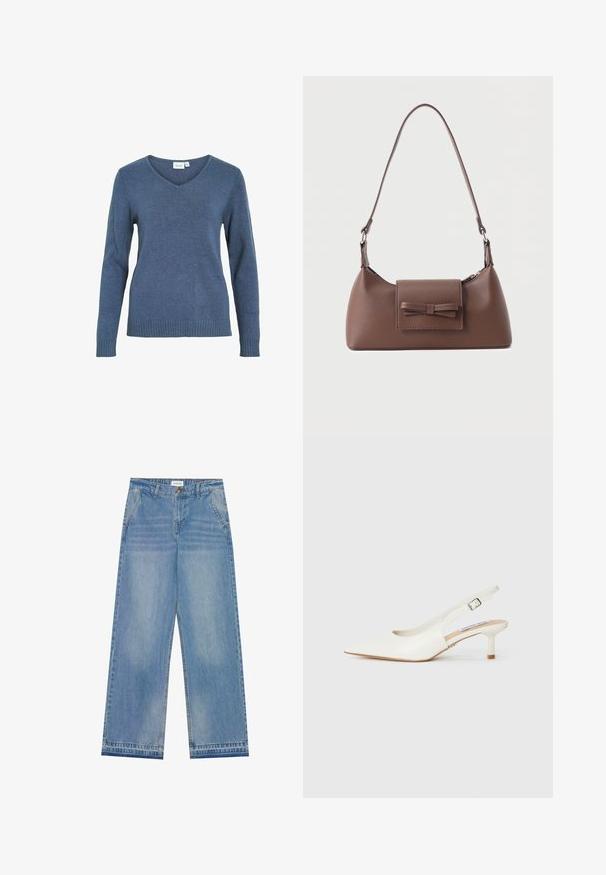 Blauwe V-hals trui van een zachte gebreide stof. Bevat lange mouwen en een geribbelde zoom. Eenvoudig ontwerp zonder extra patronen of accenten.; Lichtblauwe hoge taille wijde jeans met een knoopsluiting, voorzakken, riemlussen en subtiele vervaagde details.; Witte slingback hakken met een puntige neus, gemaakt van gladleer. Voorzien van een slanke hak en een gespband voor een veilige pasvorm.; Bruine leren schoudertas met een voorvak met klep en een gestikte strikdetail en een verstelbare band.