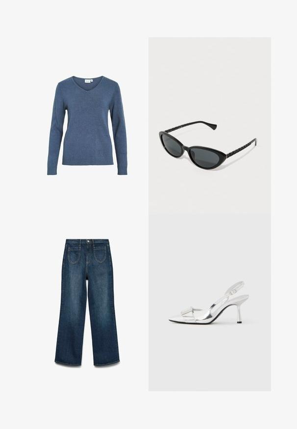 Blå v-hals sweater lavet af et blødt strikket stof. Har lange ærmer og ribkant forneden. Enkel design uden ekstra mønstre eller detaljer.; Mørkeblå denimjeans med brede ben. Har fem lommer, en knaplukning foran og synlige sømme.; Sølv slingback-høje hæle med spids tå, blank finish og et rektangulært pynt foran, med en slank hæl og justerbar rem.; Sorte cat-eye solbriller med mørke tonede linser, med teksturerede sorte stænger og en subtil gul accent på rammen.