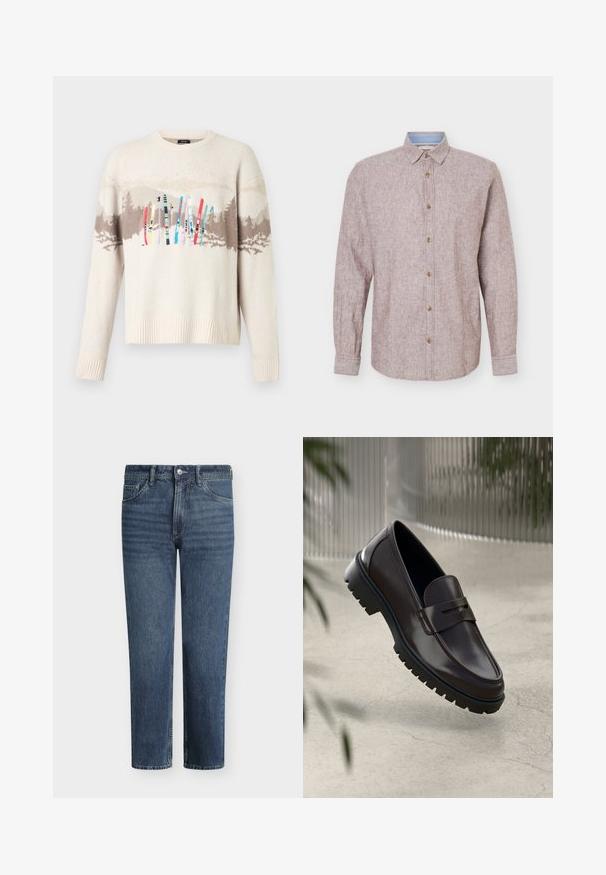 Pull en tricot crème avec motif de montagnes et forêt marron et skis brodés colorés sur la poitrine.; Chemise beige à manches longues, boutonnée, avec un col classique et des boutons marron, présentée sur un fond clair uni.; Jean en denim bleu à jambe droite avec bouton frontal, fermeture éclair, passants de ceinture et conception à cinq poches.; Mocassins en cuir marron avec une semelle en caoutchouc texturée et striée. Présente un design épuré et une sangle décorative sur le cou-de-pied.