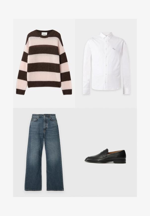 CLOSED STRIPE CREW NECK JUMPER - Striktrøje - espresso brown; Hvid langærmet skjorte med knapper og spids krave samt lille broderet logo på venstre bryst.; Højtaljede, brede ben blå jeans med forlommer, bælteløkker og knaplukning, lavet af medium-vasket denim.; Sort læder loafer med rund tå, diskret syning, og lav hæl, der har en glat tekstur og minimalistisk design.