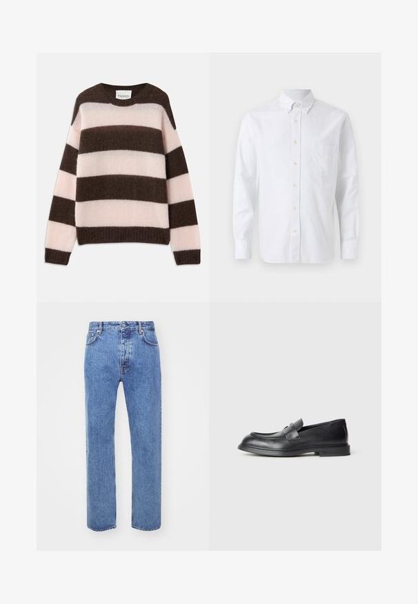 CLOSED STRIPE CREW NECK JUMPER - Svetrík - espresso brown; Biela košeľa s dlhým rukávom na gombíky, golierom na zapínanie na gombíky a jednou náprsnou vreckou, zobrazená na jednoduchom pozadí.; Won Hundred STEVE - Džínsy voľného strihu - cut blue; Čierne kožené mokasíny s textúrovaným povrchom, ozdobené dekoratívnym predným pásikom a zaoblenou špičkou. Gumená podrážka pre odolnosť.
