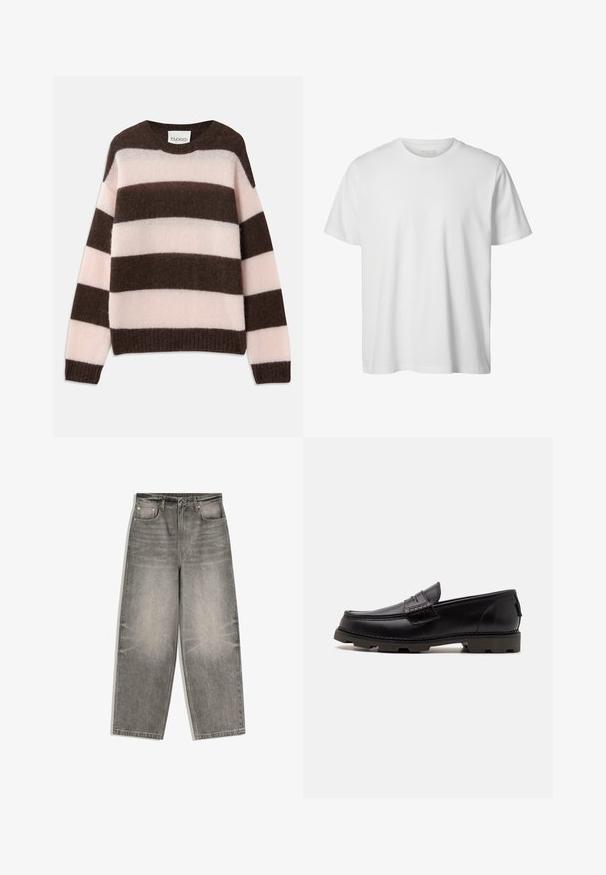 CLOSED STRIPE CREW NECK JUMPER - Trui - espresso brown; Eenvoudig wit T-shirt met korte mouwen en ronde hals, losse pasvorm en zonder zichtbare logo's of ontwerpen aan de voorkant.; Grijs denim wijde broek met knopen aan de voorkant, ritssluiting, lussen voor een riem en een ontwerp met vijf zakken, plat gelegd op een witte achtergrond.; Zwarte leren instappers met een ronde neuspunt, decoratieve stiksels en een gestructureerde zool voor grip. Licht verhoogde hak.