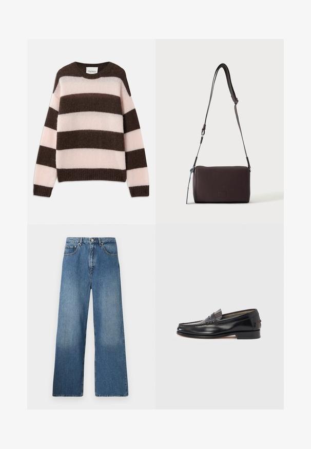 CLOSED STRIPE CREW NECK JUMPER - Svetrík - espresso brown; Džíny s širokými nohavicami v modrej denimovej farbe ponúkajú klasický dizajn s piatimi vreckami, predným zapínaním na gombík a miernym osvetlením pre textúru.; Čierne kožené mokasíny s dizajnom v štýle mokasín, s ozdobným pásikom a šitím na vrchnej časti. Nízky blokový podpätok.; Tmavohnedá kožená crossbody taška s textúrou, nastaviteľným popruhom a malým dekoratívnym modrým prvkom na boku.
