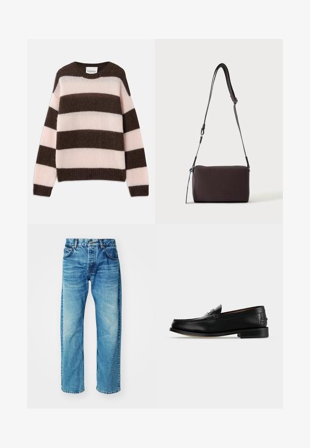 CLOSED STRIPE CREW NECK JUMPER - Svetrík - espresso brown; Modré denimové džínsy s voľným strihom, obsahujúce päť vreciek, zapínanie na gombík a jemné vyblednutie so slabým rozstrapkaným lemom.; Čierne kožené pánske mokasíny s nízkym podpätkom a šitím v štýle mokasín na špičke, zobrazené z boku na jednoldom pozadí.; Tmavohnedá kožená crossbody taška s textúrou, nastaviteľným popruhom a malým dekoratívnym modrým prvkom na boku.