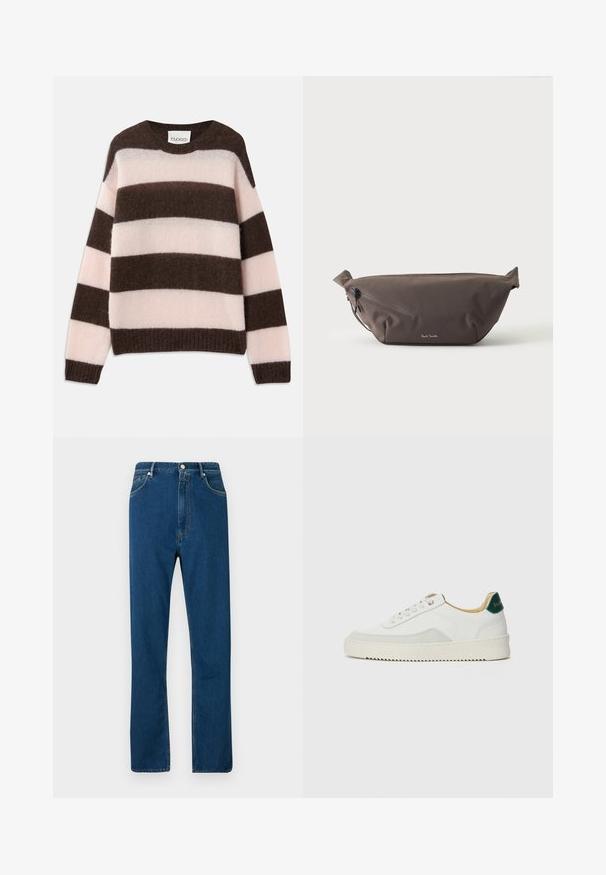 CLOSED STRIPE CREW NECK JUMPER - Striktrøje - espresso brown; Blå denimjeans med høj talje, lige ben, fem lomme-design og kontrasterende orange syninger. Glat tekstur.; Hvide sneakers med ruskindsdetaljer, rund tå, flade snørebånd og en cremet gummisål. Har grøn branding på hælen.; Mørkebrun stof talje taske med diagonalt lynlåslomme og lille hvidt logo på fronten, sat mod en ensfarvet lys baggrund.
