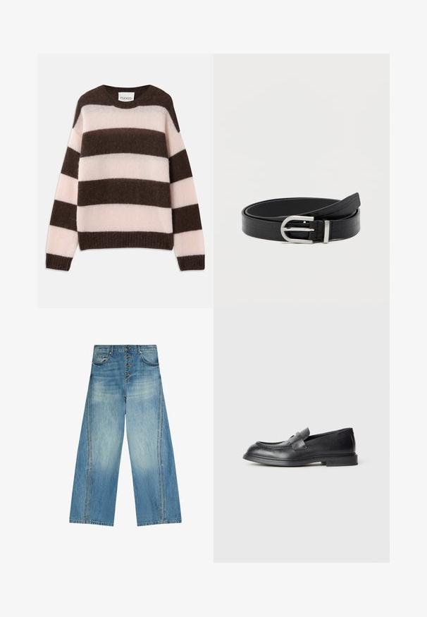 CLOSED STRIPE CREW NECK JUMPER - Trui - espresso brown; Blauwe denim jeans met wijde pijpen, knoopsluiting, voor- en achterzakken en vervaagde verticale strepen aan de zijkanten.; Zwarte leren loafers met een gestructureerde afwerking, voorzien van een decoratieve voorstrik en een afgeronde neus. Rubberzool voor duurzaamheid.; Zwarte faux leren riem met krokodillenstructuur en een ronde zilveren gesp, opgerold op een effen witte achtergrond.